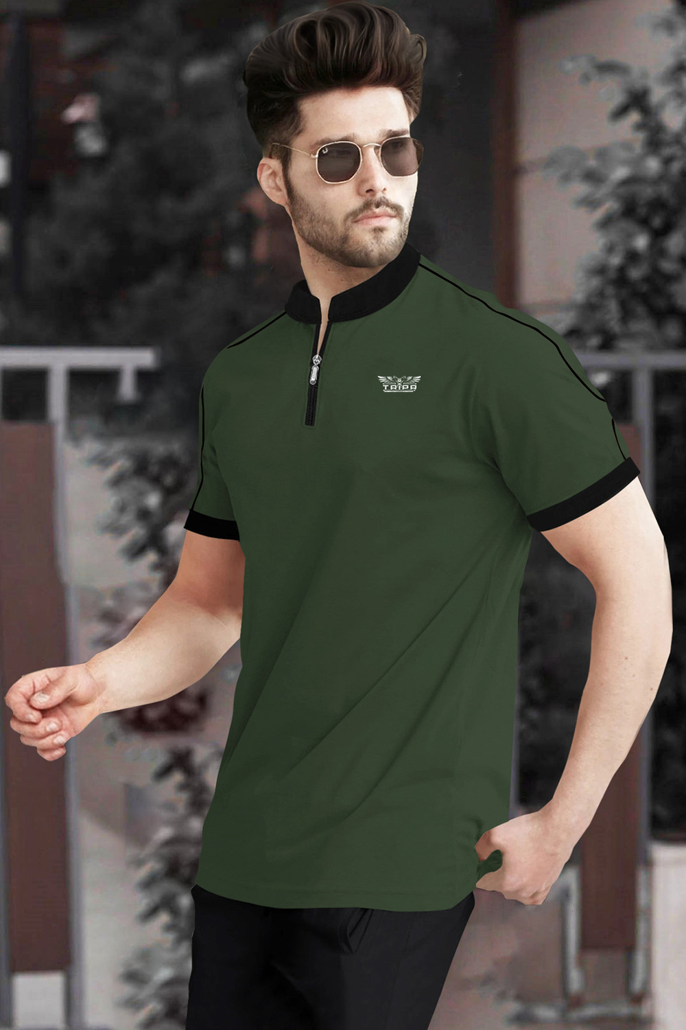 Image of TRIPR Men Solid Henley Neck Cotton Blend Dark Green, Black T-Shirt