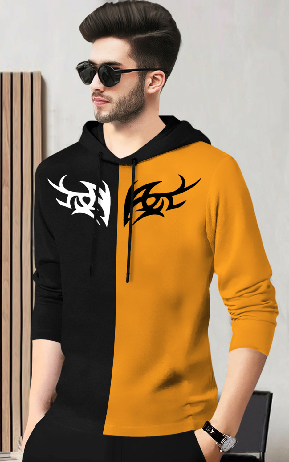Image of BLIVE Men Printed Hooded Neck Cotton Blend Black, Yellow T-Shirt