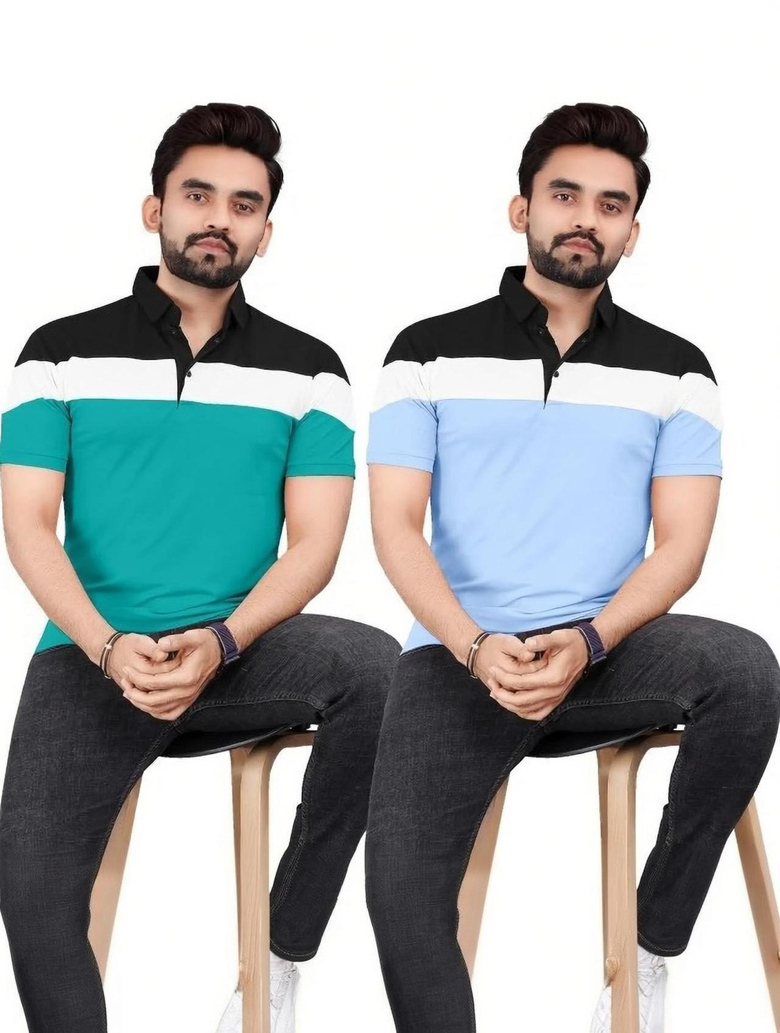 Image of Bliss Bell Pack of 2 Men Solid Polo Neck Cotton Blend Multicolor T-Shirt