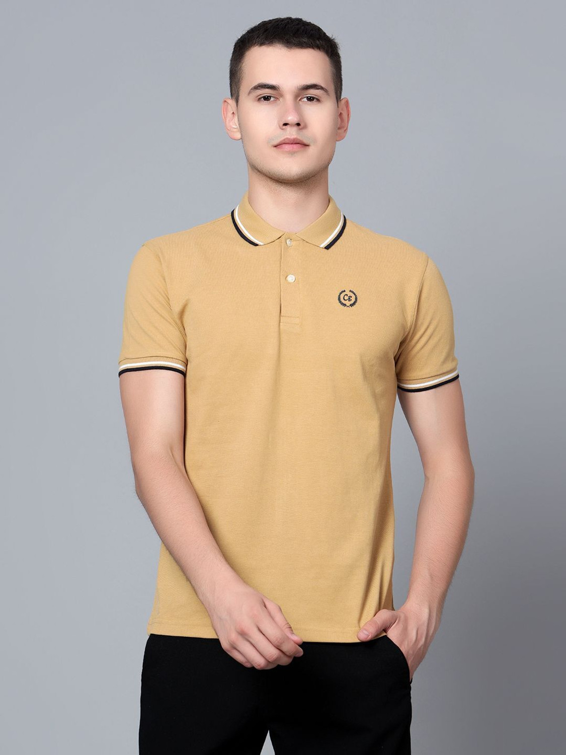 Image of CANTABIL Men Solid Polo Neck Polycotton Yellow T-Shirt