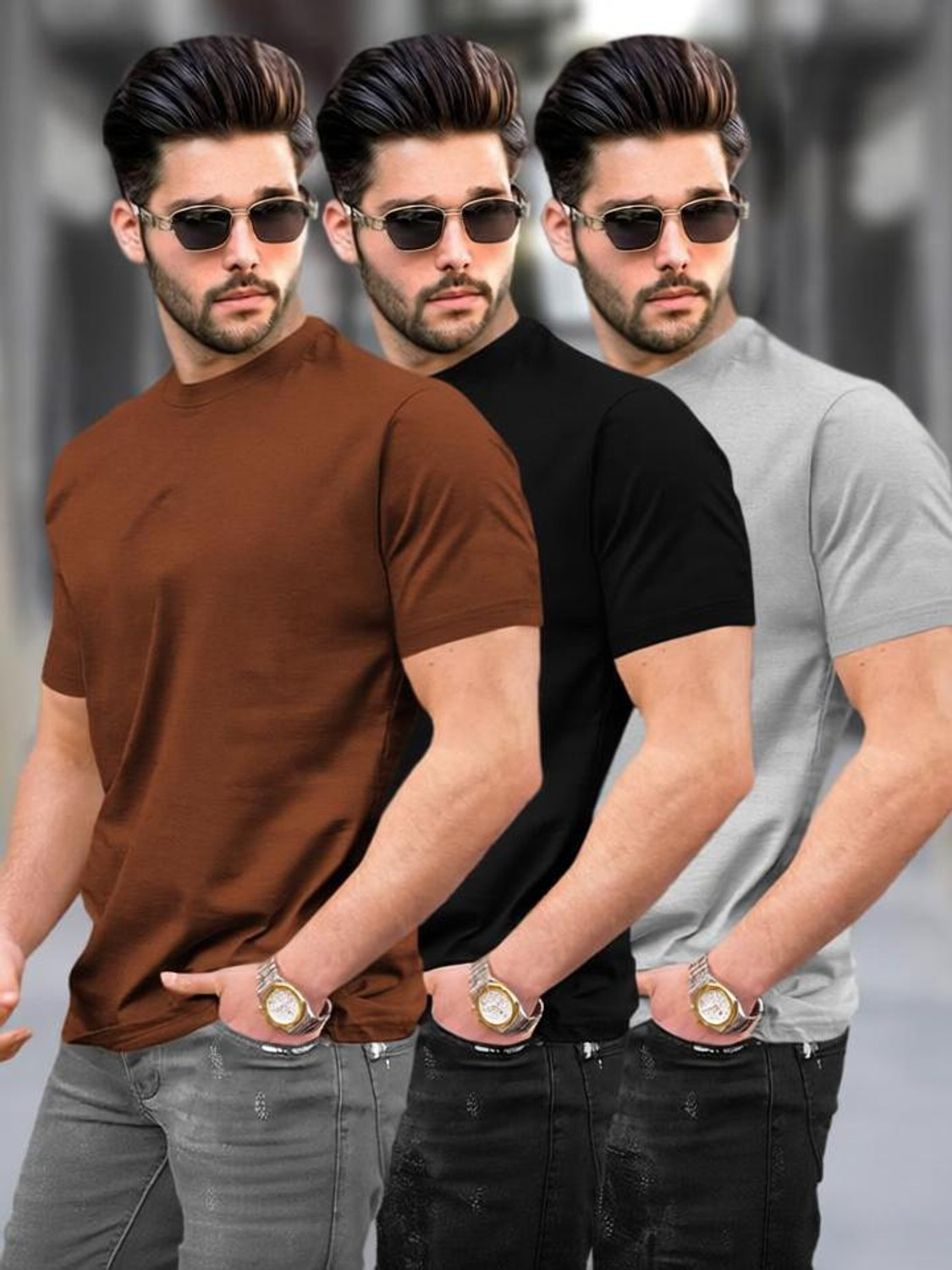 Image of TRIPR Men Solid Mandarin Collar Cotton Blend Navy Blue T-Shirt