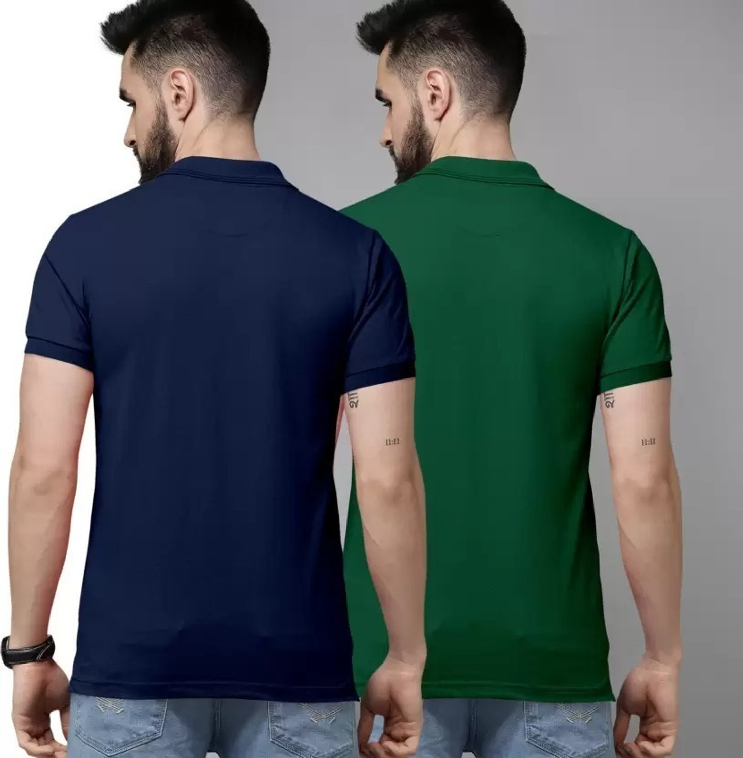 Image of balker merka Pack of 2 Men Solid Polo Neck Cotton Blend Green, Blue T-Shirt