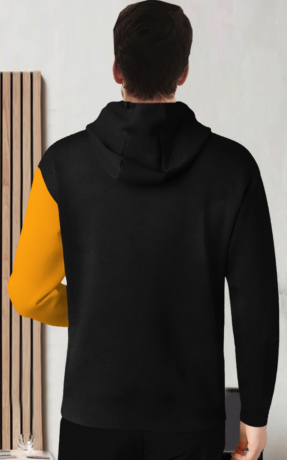 Image of BLIVE Men Printed Hooded Neck Cotton Blend Black, Yellow T-Shirt