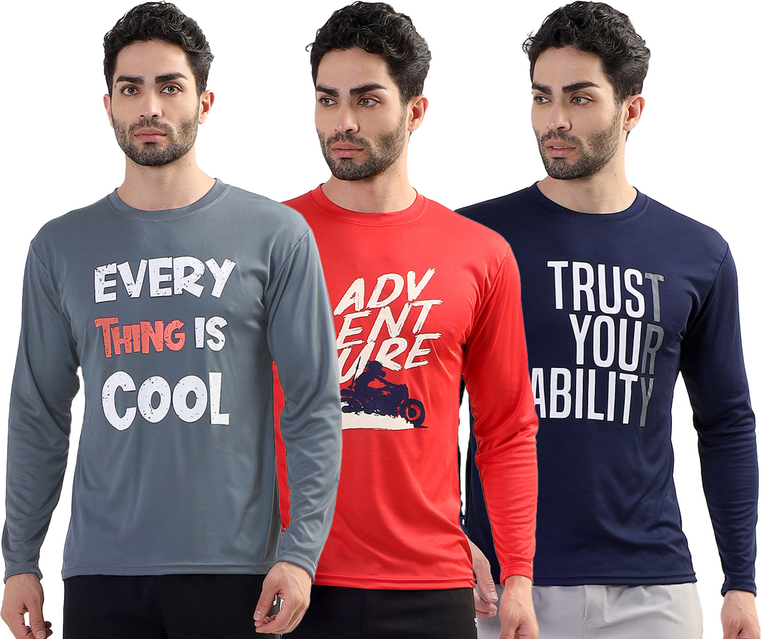 Image of Rufica Pack of 2 Men Self Design Mandarin Collar Cotton Blend Multicolor T-Shirt