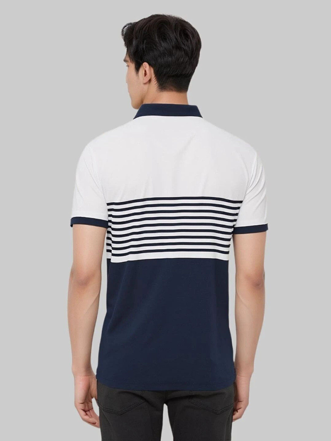 Image of TAZO Men Printed Polo Neck Cotton Blend Blue, White T-Shirt