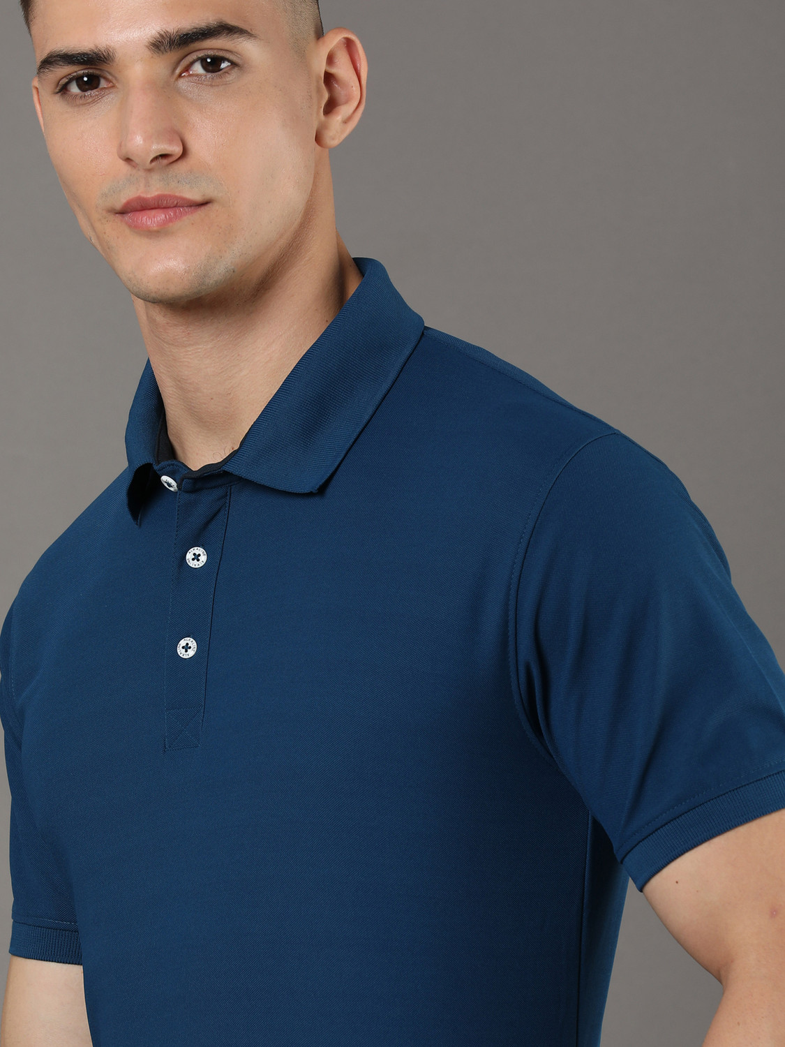 Image of Alkaline Men Solid Polo Neck Polyester Blue T-Shirt