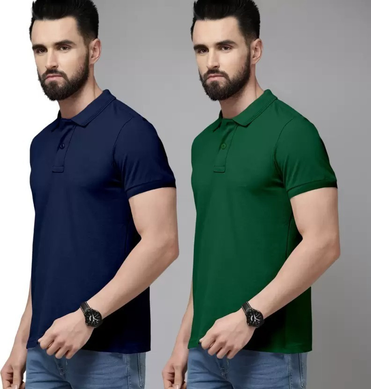 Image of balker merka Pack of 2 Men Solid Polo Neck Cotton Blend Green, Blue T-Shirt