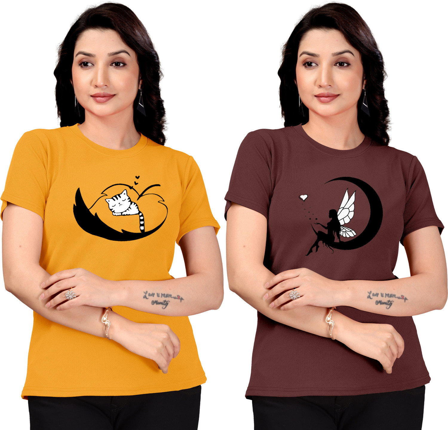 Image of Attirea Women Graphic Print Round Neck Polyester Pink T-Shirt