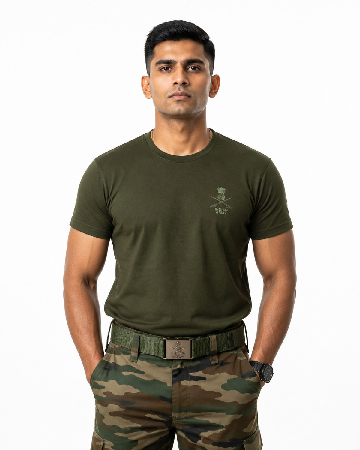 Image of AJNESH COLLECTION Men Solid Round Neck Cotton Blend Dark Green T-Shirt