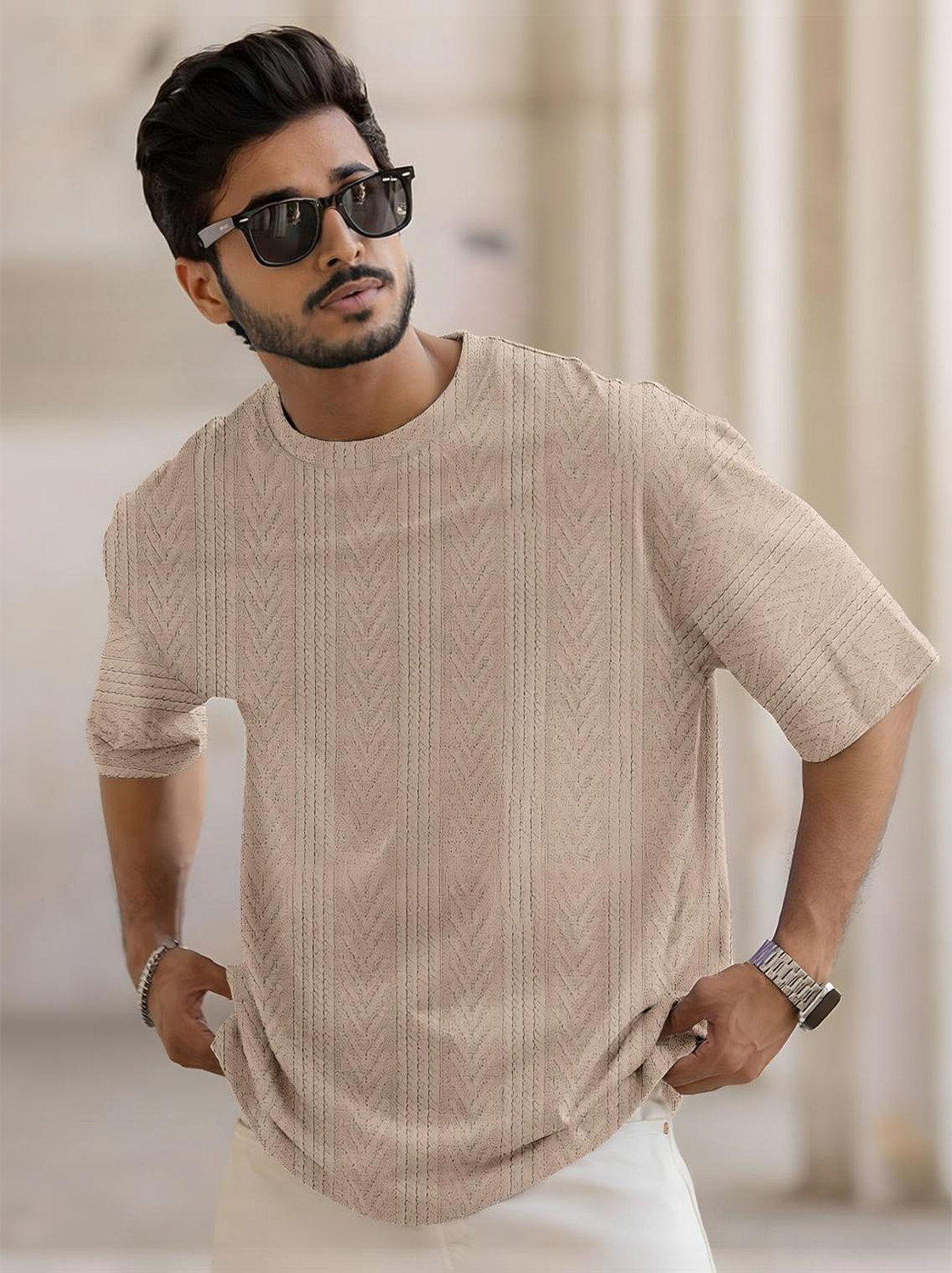 Image of Force Men Self Design Round Neck Polyester Beige T-Shirt