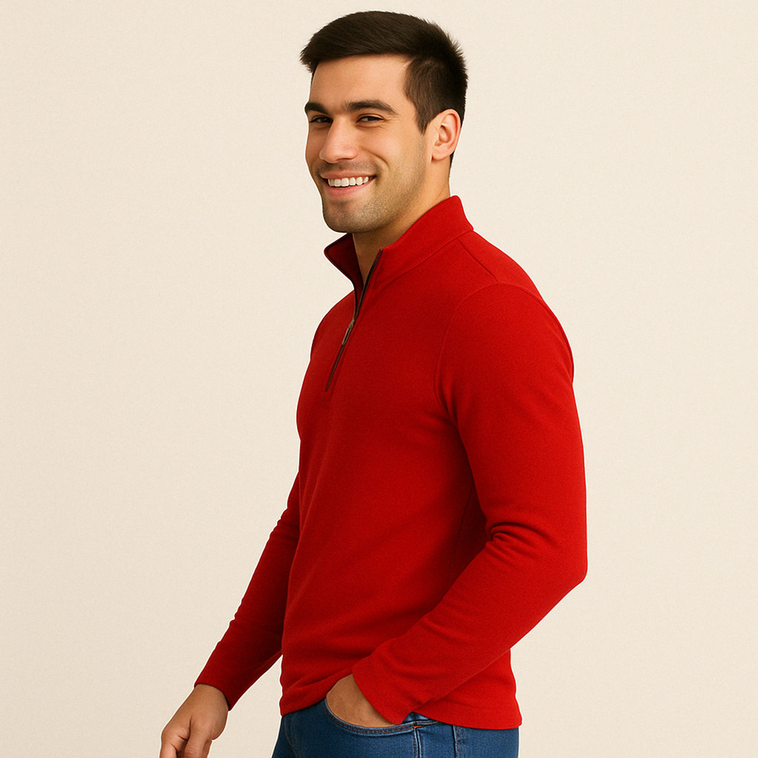 Image of GRIFFON VINCERO Men Solid Mandarin Collar Pure Cotton Red T-Shirt