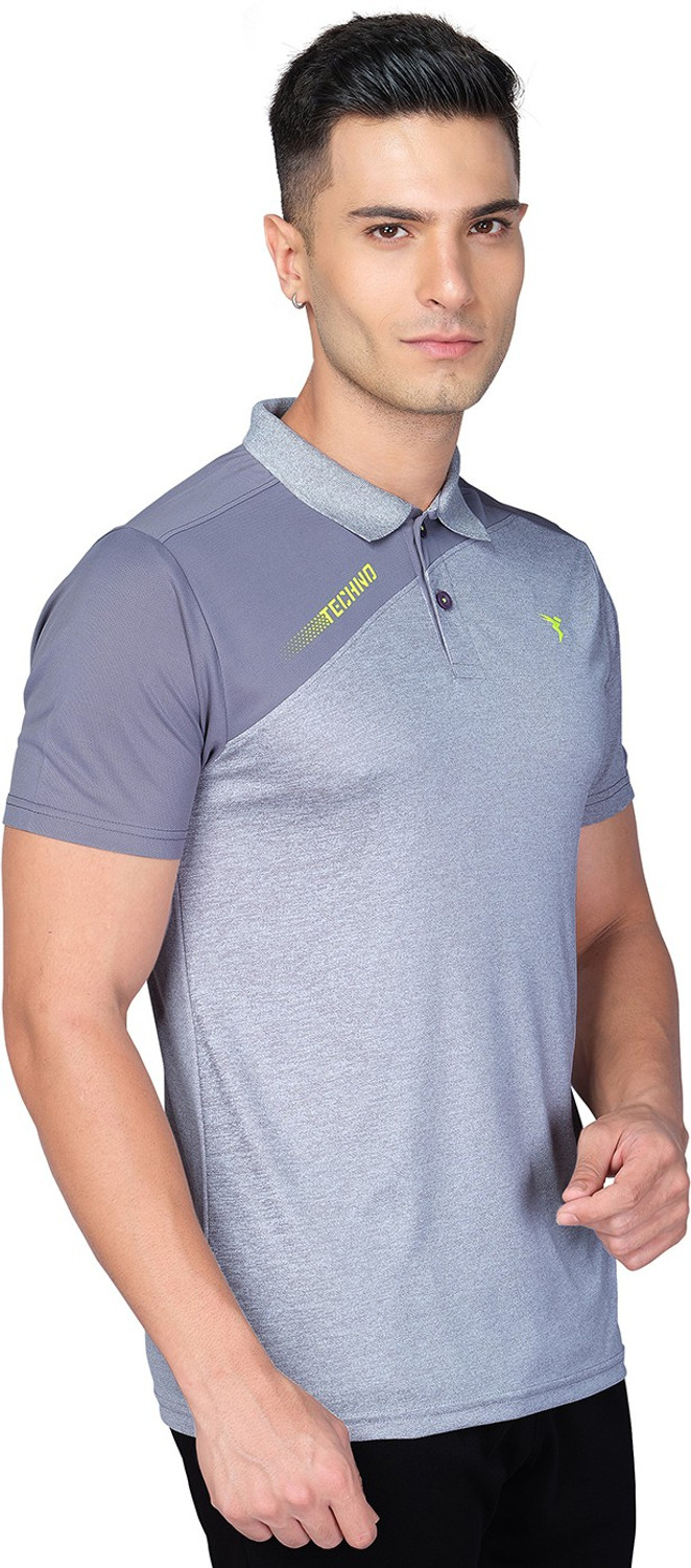 Image of TECHNOSPORT Solid Men Polo Neck Grey T-Shirt