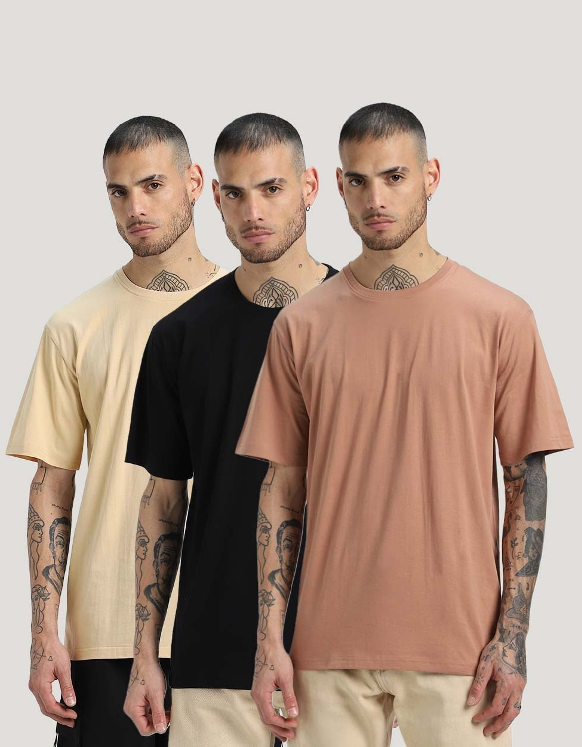 Image of Veirdo Pack of 3 Oversized Men Solid Round Neck Pure Cotton Multicolor T-Shirt