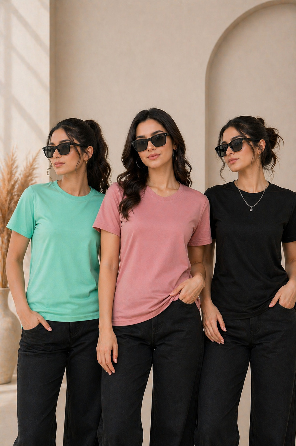 Image of ZentWorld Pack of 3 Women Printed Round Neck Cotton Blend Multicolor T-Shirt