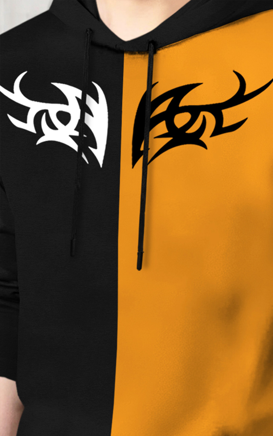 Image of BLIVE Men Printed Hooded Neck Cotton Blend Black, Yellow T-Shirt