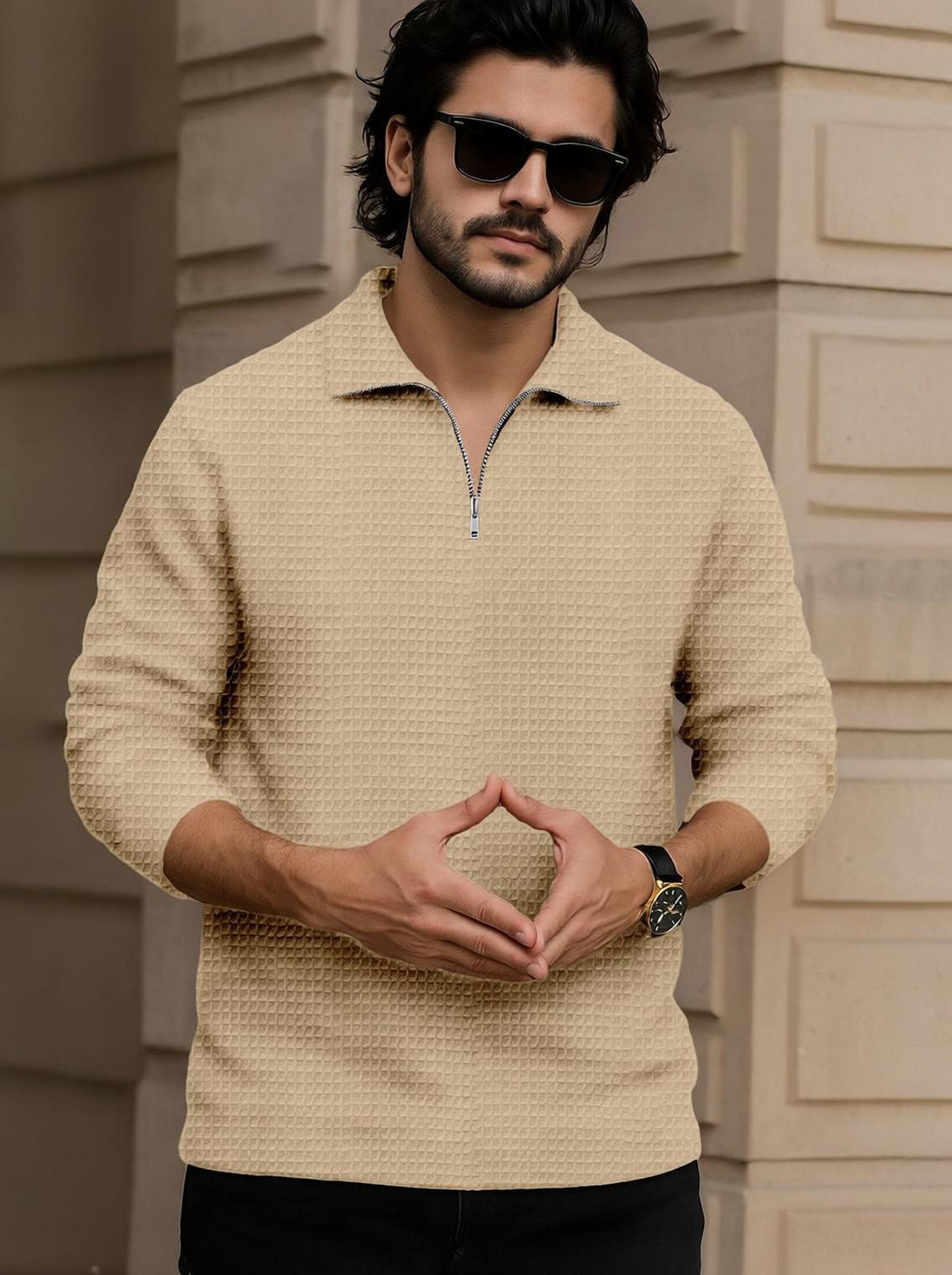 Image of Force Men Self Design Round Neck Polyester Beige T-Shirt