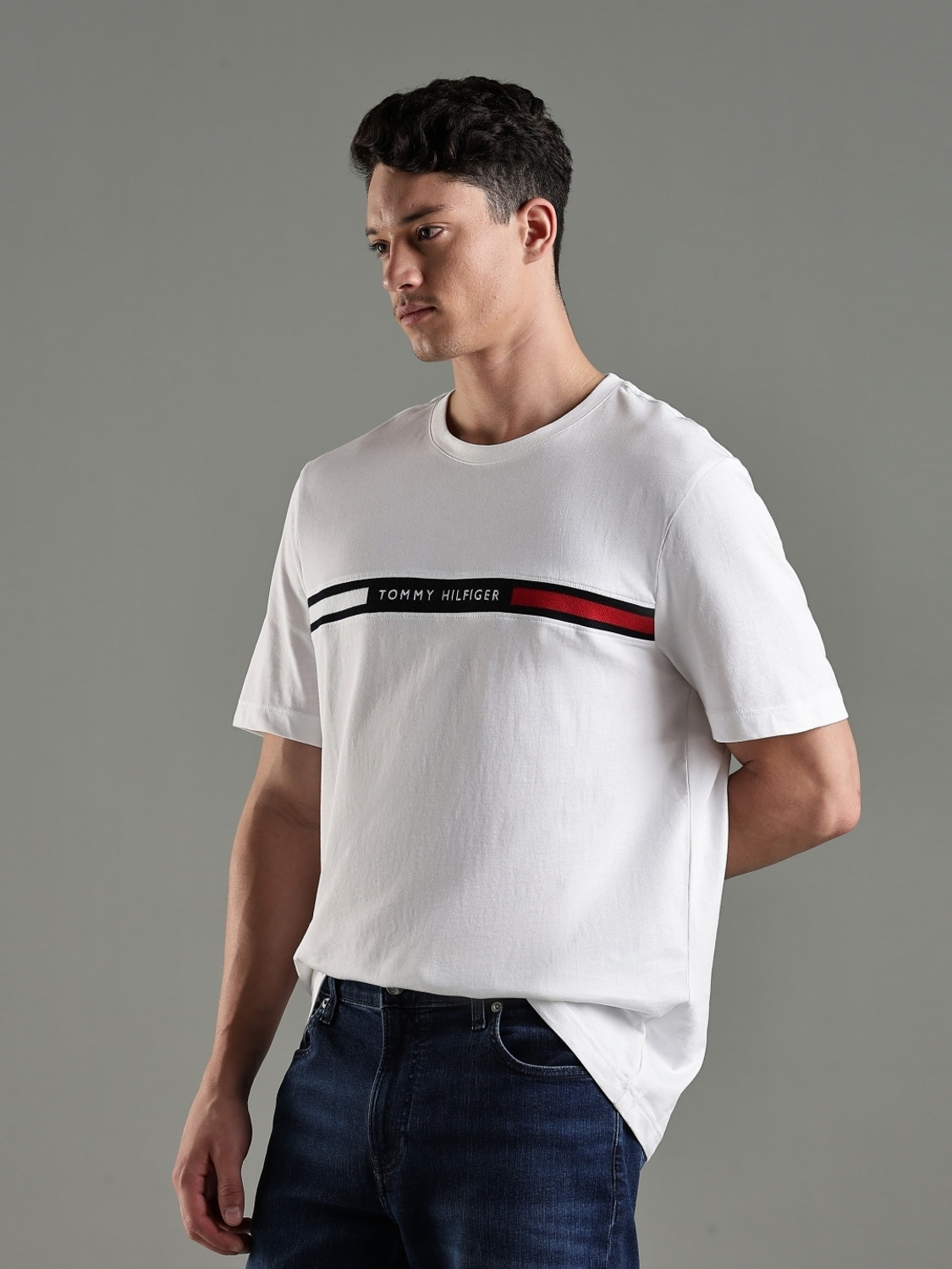 Image of TOMMY HILFIGER Men Printed Crew Neck Pure Cotton White T-Shirt