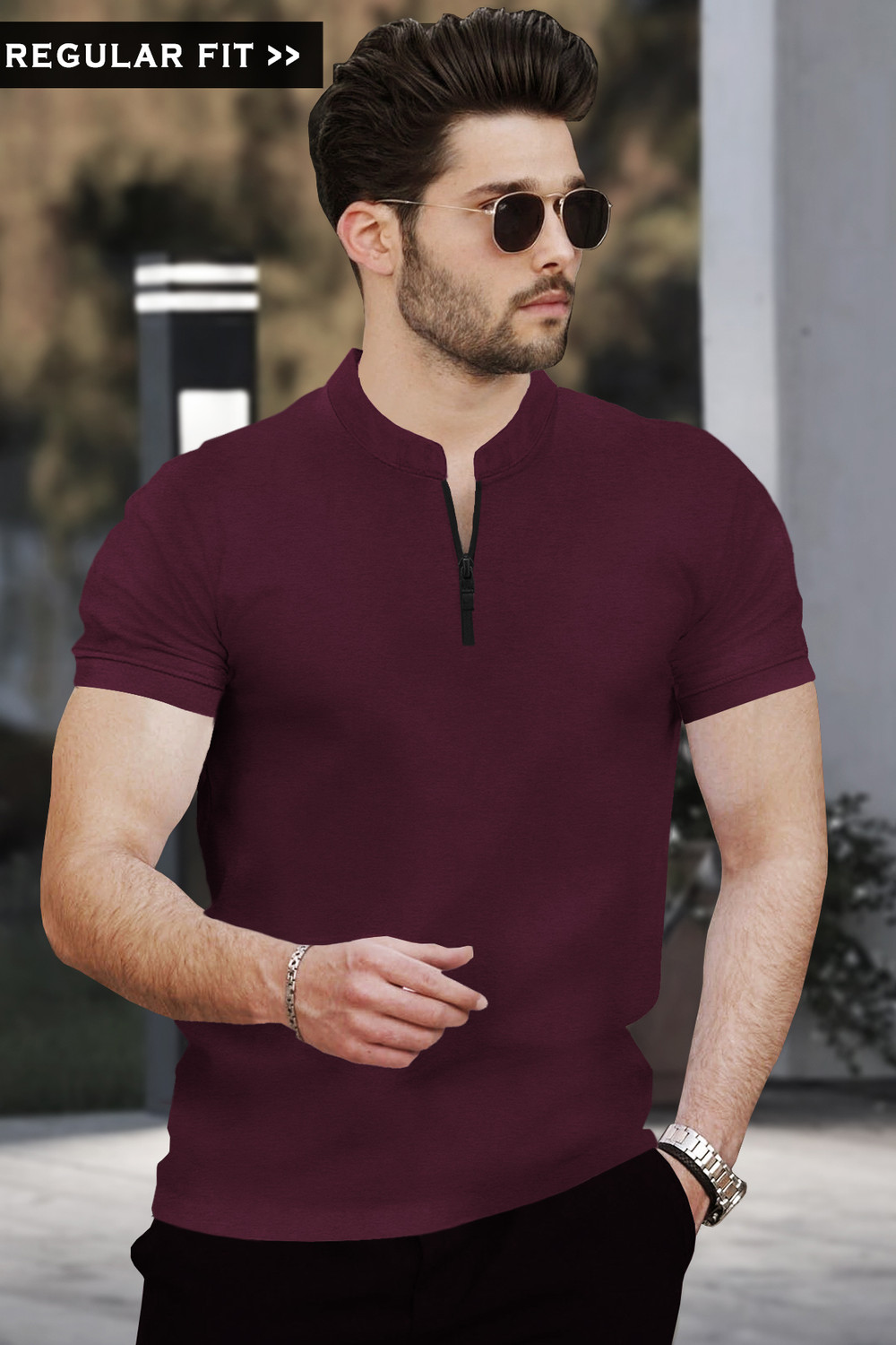 Image of TRIPR Men Solid Mandarin Collar Cotton Blend Maroon T-Shirt