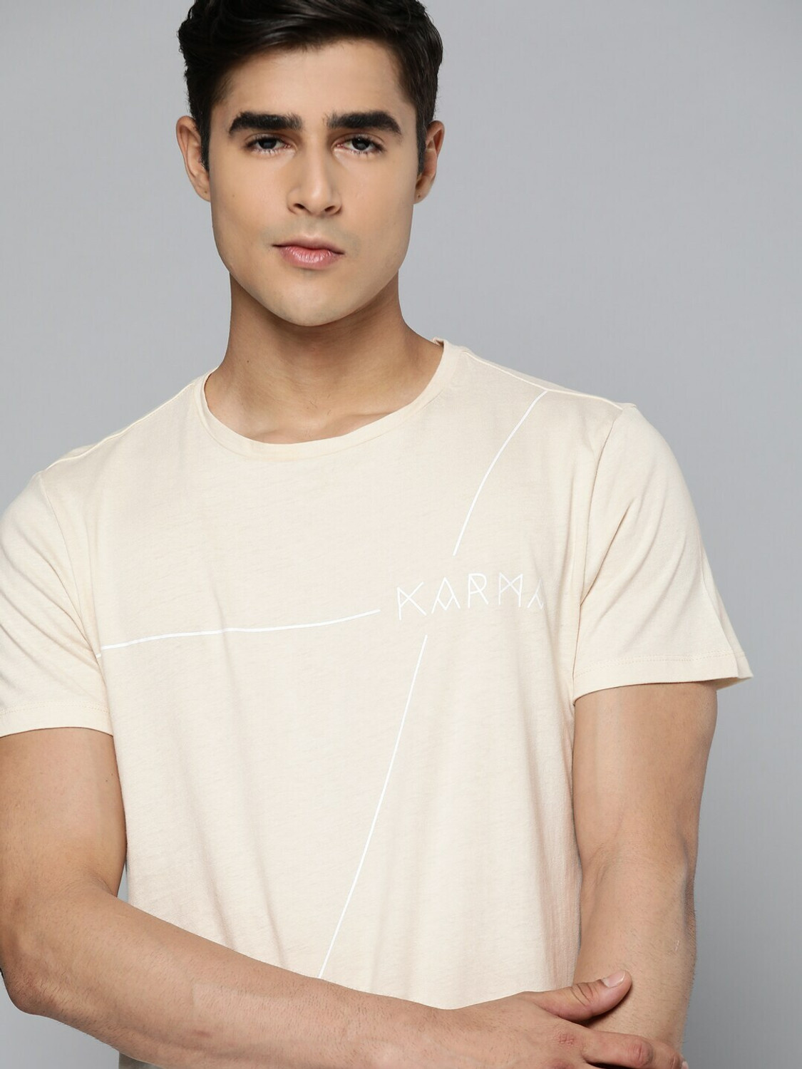 Image of HRX by Hrithik Roshan Solid Men Round Neck Beige T-Shirt