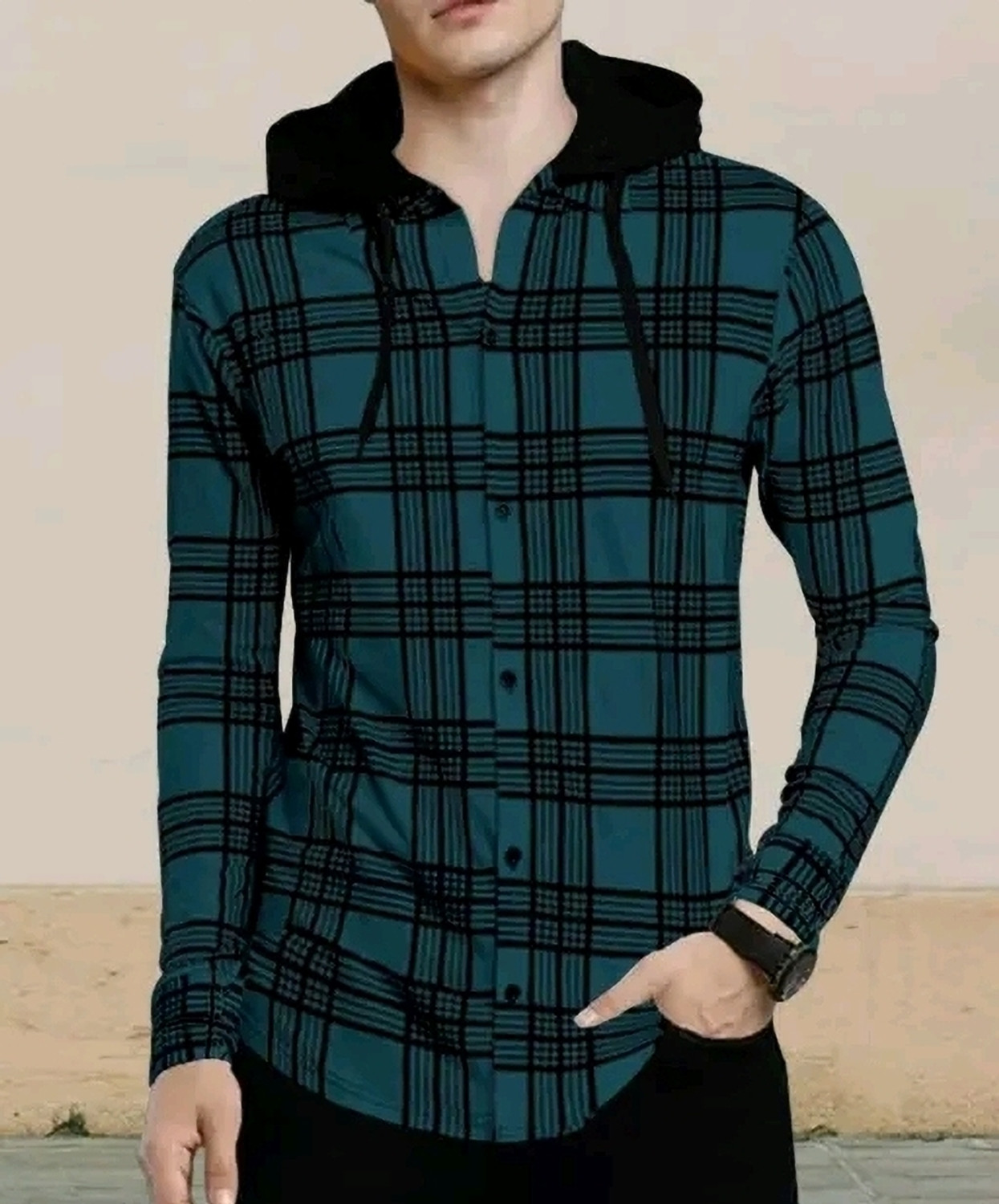 Image of OSCILLATE Men Regular Fit Checkered Hood Collar Casual Shirt