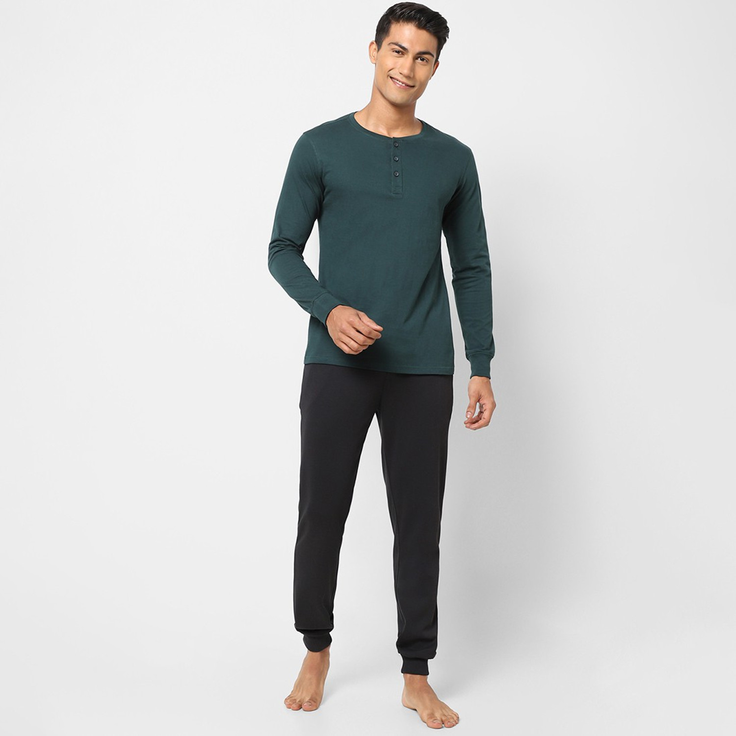 Image of Ajile By Pantaloons Solid Men Henley Neck Green T-Shirt