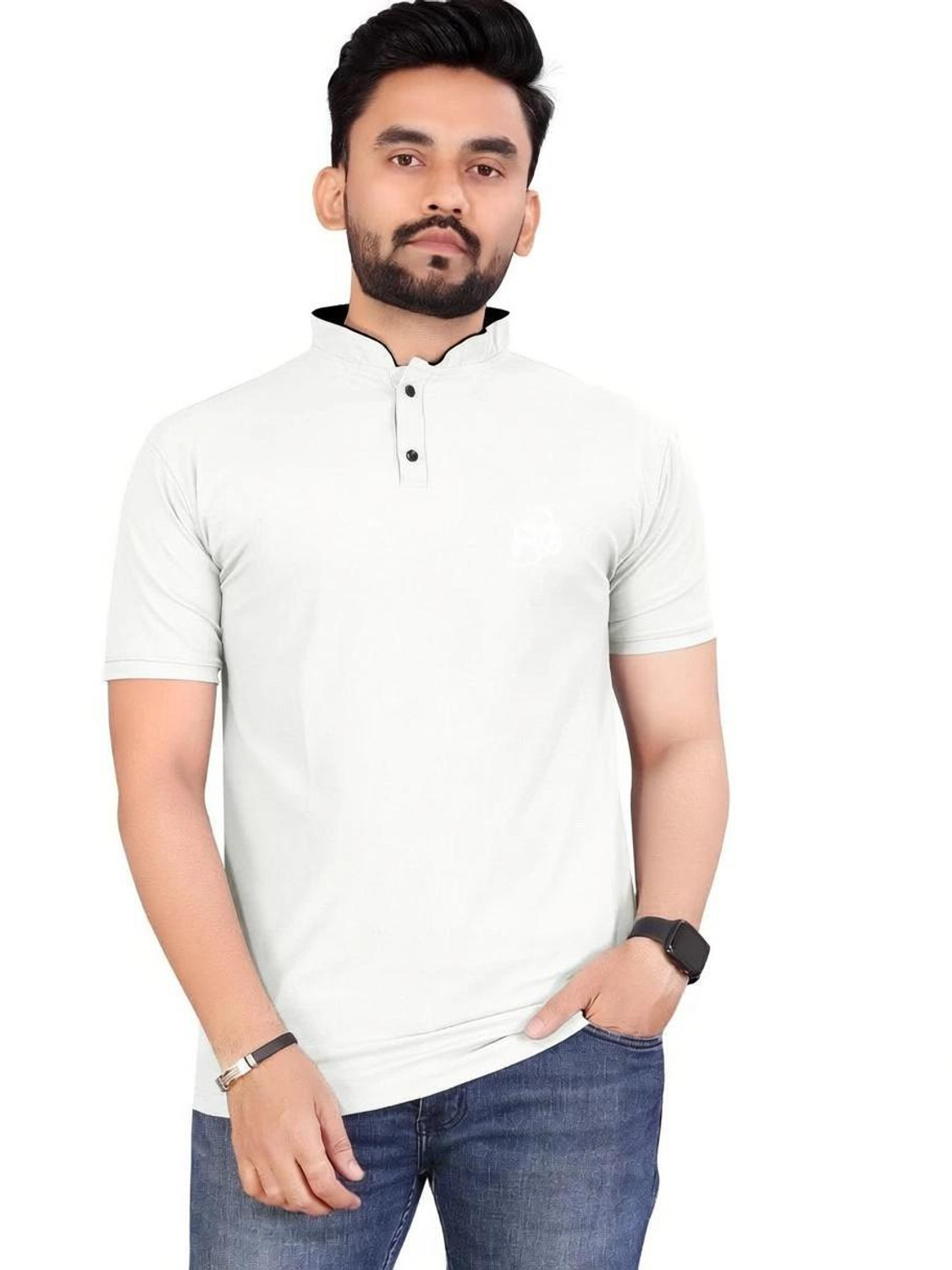 Image of TRIPR Men Solid Mandarin Collar Cotton Blend White T-Shirt