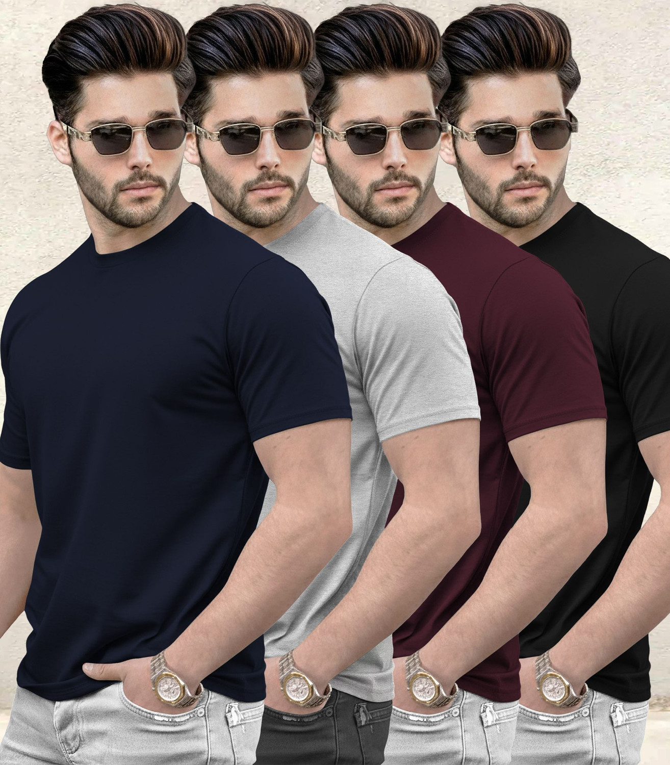 Image of TRIPR Men Solid Mandarin Collar Cotton Blend Beige T-Shirt