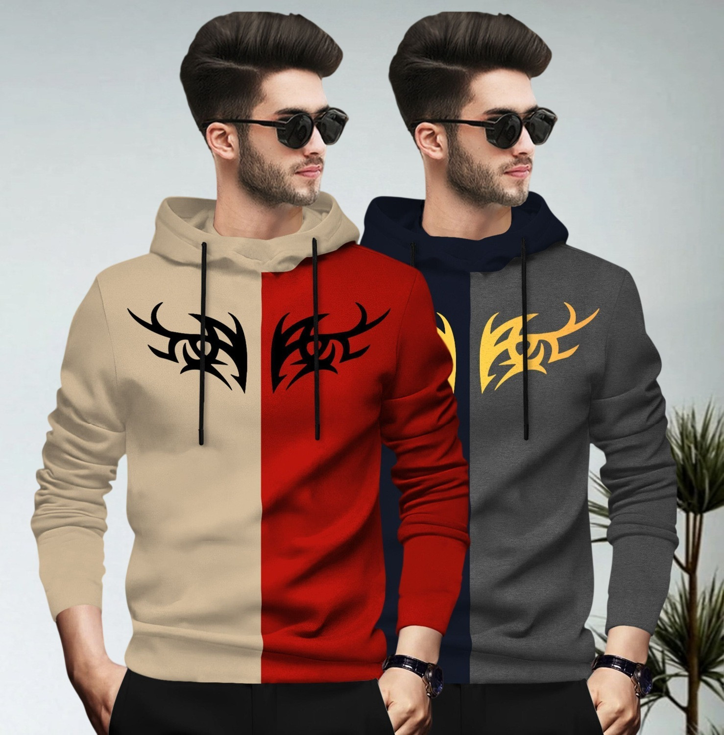 Image of BLIVE Men Printed Hooded Neck Cotton Blend Black, Yellow T-Shirt