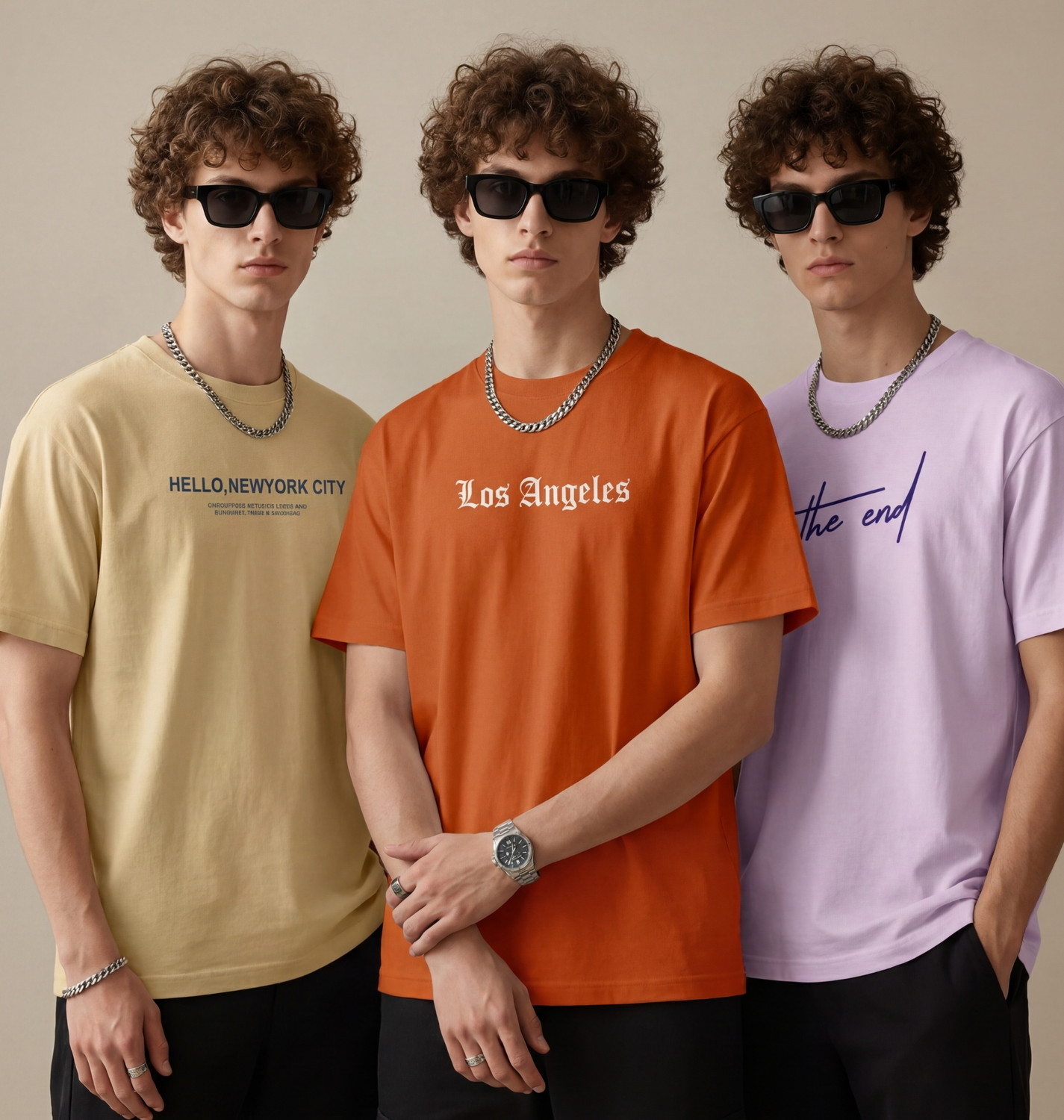 Image of Veirdo Pack of 3 Oversized Men Solid Round Neck Pure Cotton Multicolor T-Shirt