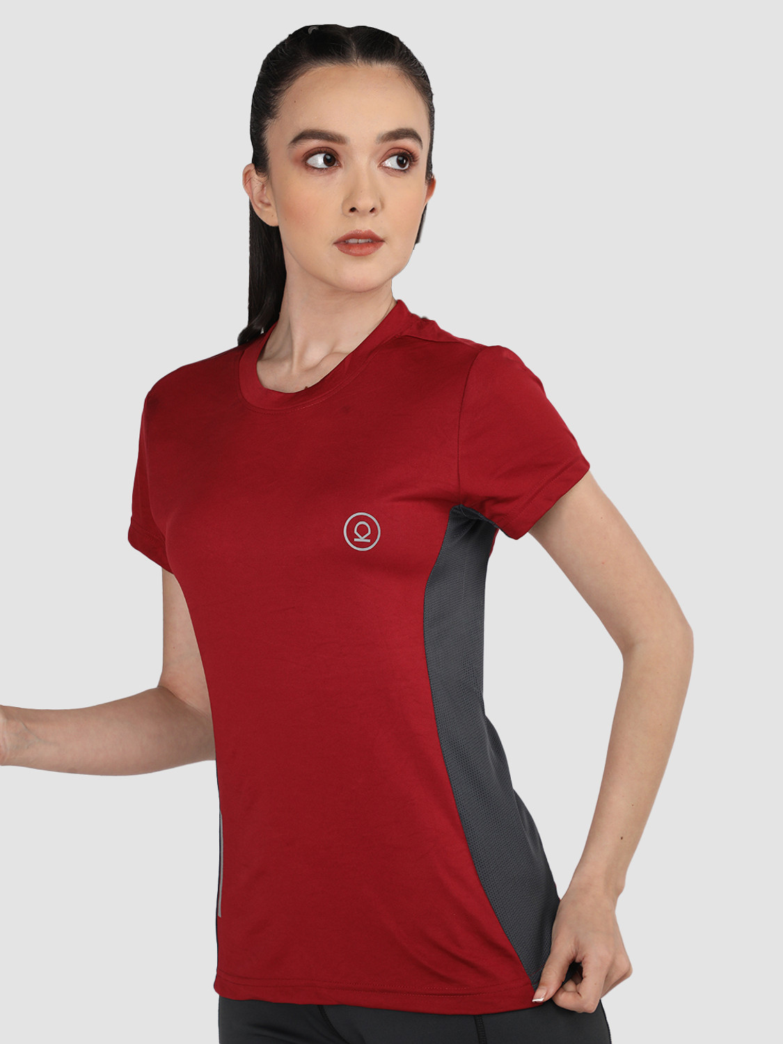 Image of CHKOKKO Women Solid Round Neck Polyester Grey T-Shirt