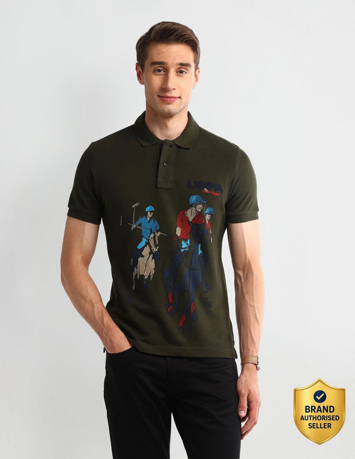 Men Graphic Print Polo Neck Pure Cotton Green T-Shirt