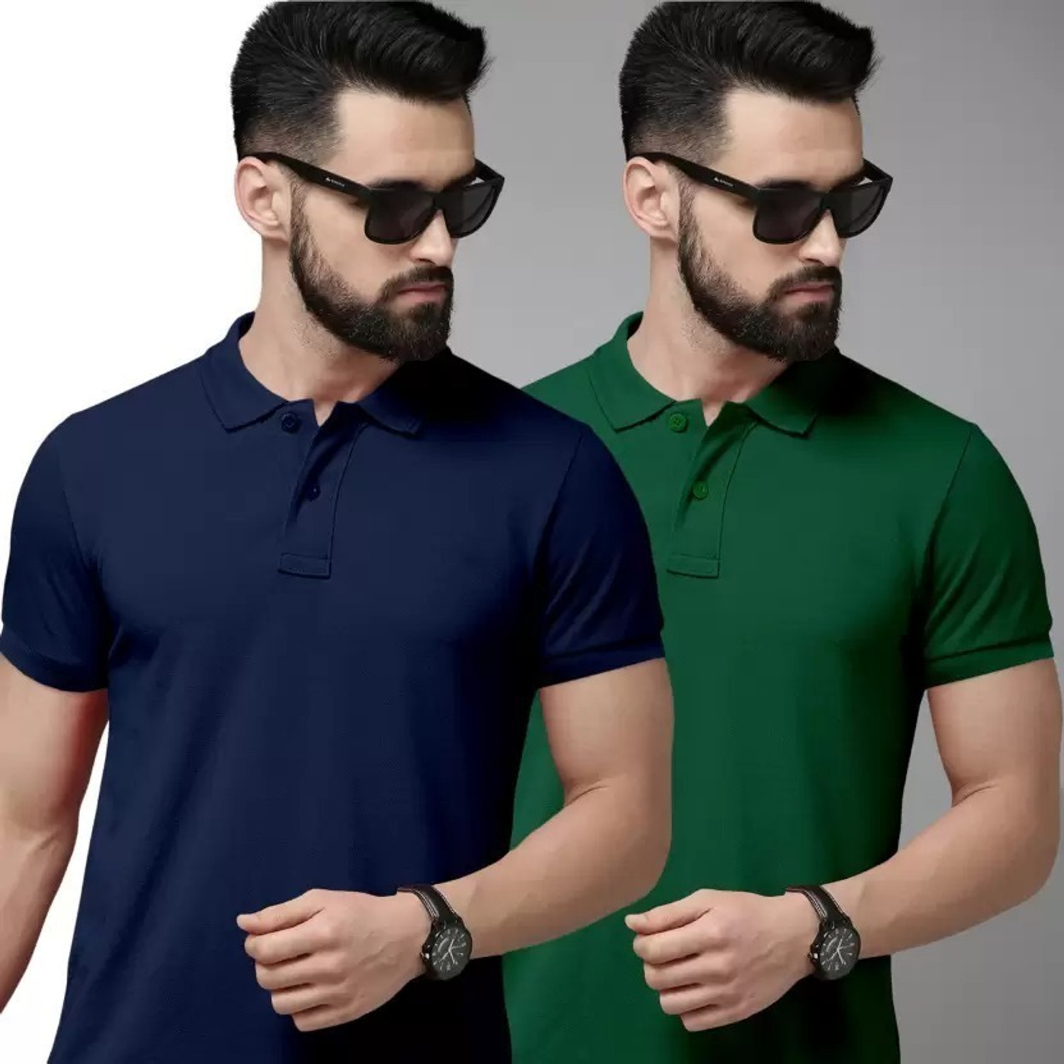 Image of balker merka Pack of 2 Men Solid Polo Neck Cotton Blend Green, Blue T-Shirt