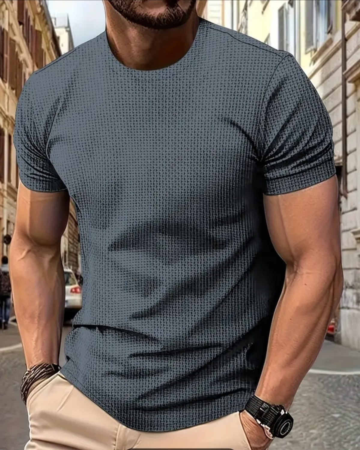 Image of BOOM BAAM Men Self Design Round Neck Polycotton Grey T-Shirt