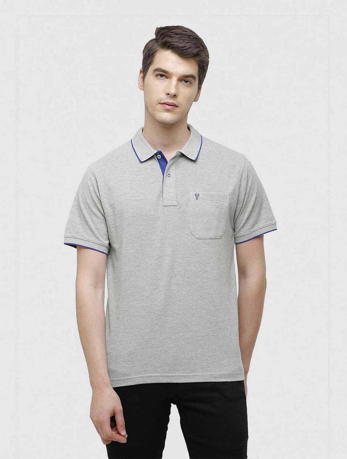 Image of Classic Polo Men Solid Polo Neck Cotton Blend Grey T-Shirt