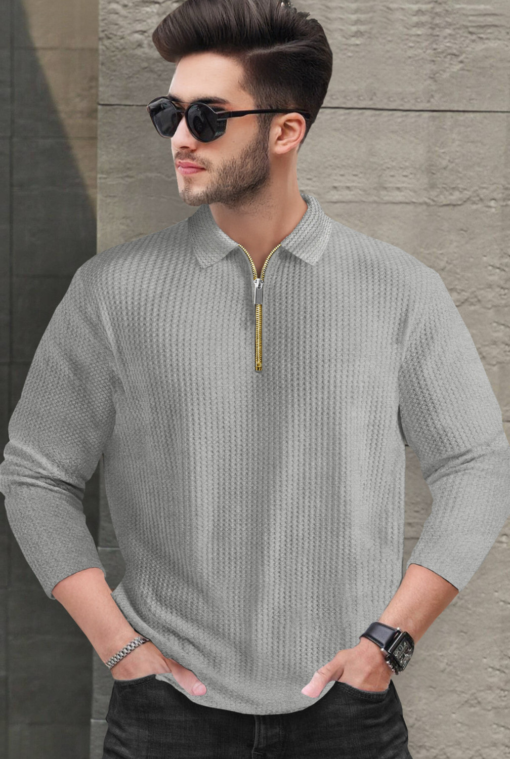 Image of BOOM BAAM Men Self Design Round Neck Polycotton Grey T-Shirt