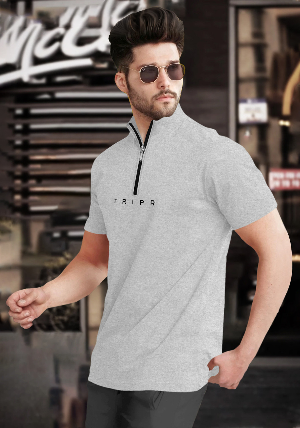 Image of TRIPR Men Solid Mandarin Collar Cotton Blend Grey T-Shirt