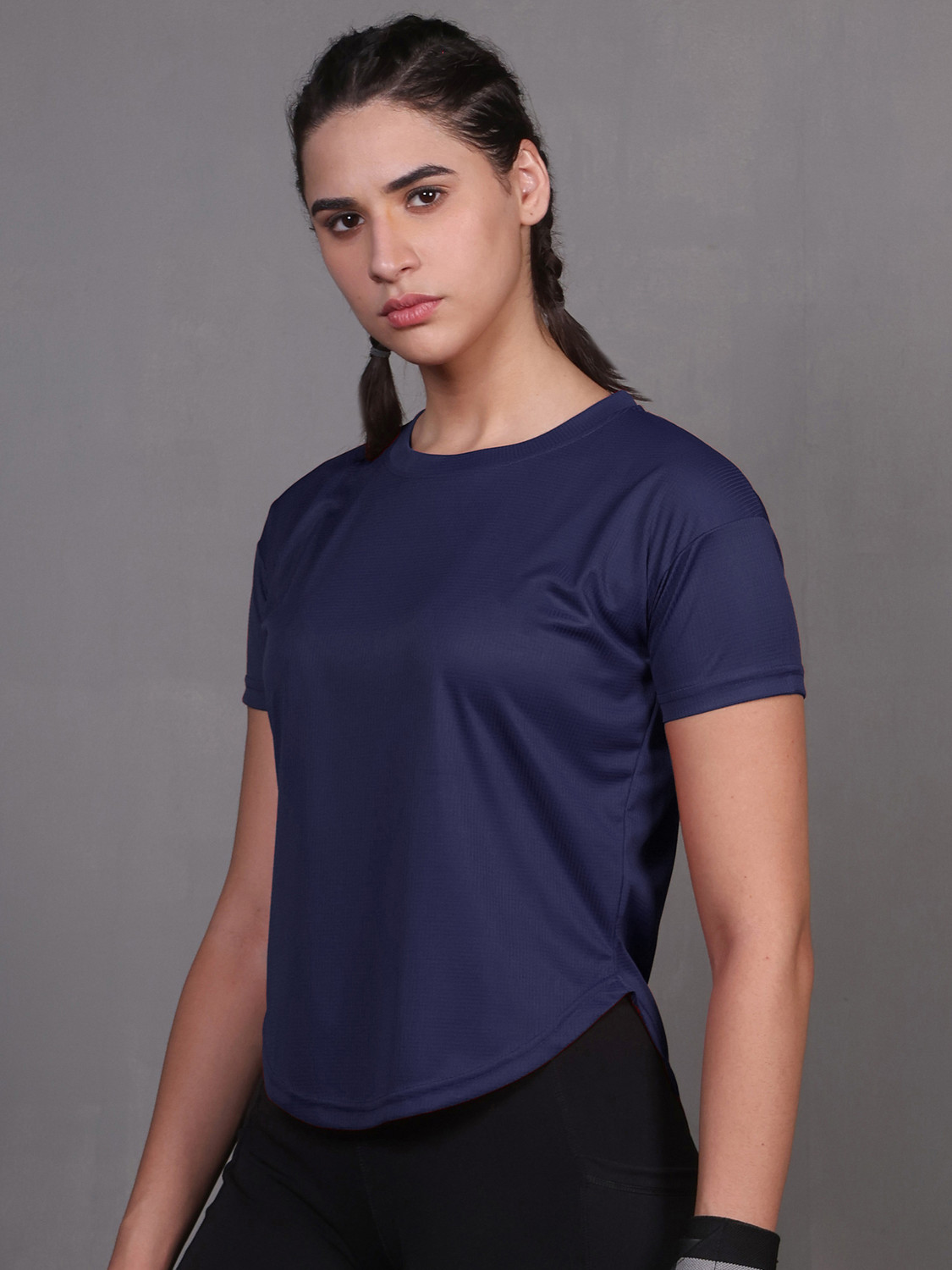 Image of CHKOKKO Women Solid Round Neck Polyester Grey T-Shirt