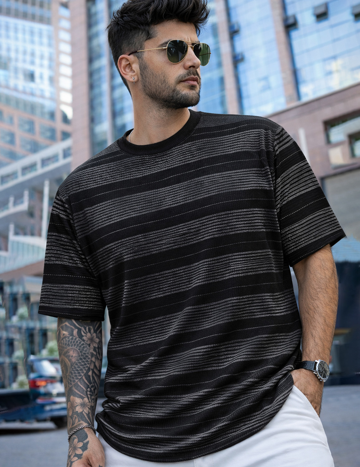 Image of TRIPR Men Solid Mandarin Collar Cotton Blend Navy Blue T-Shirt
