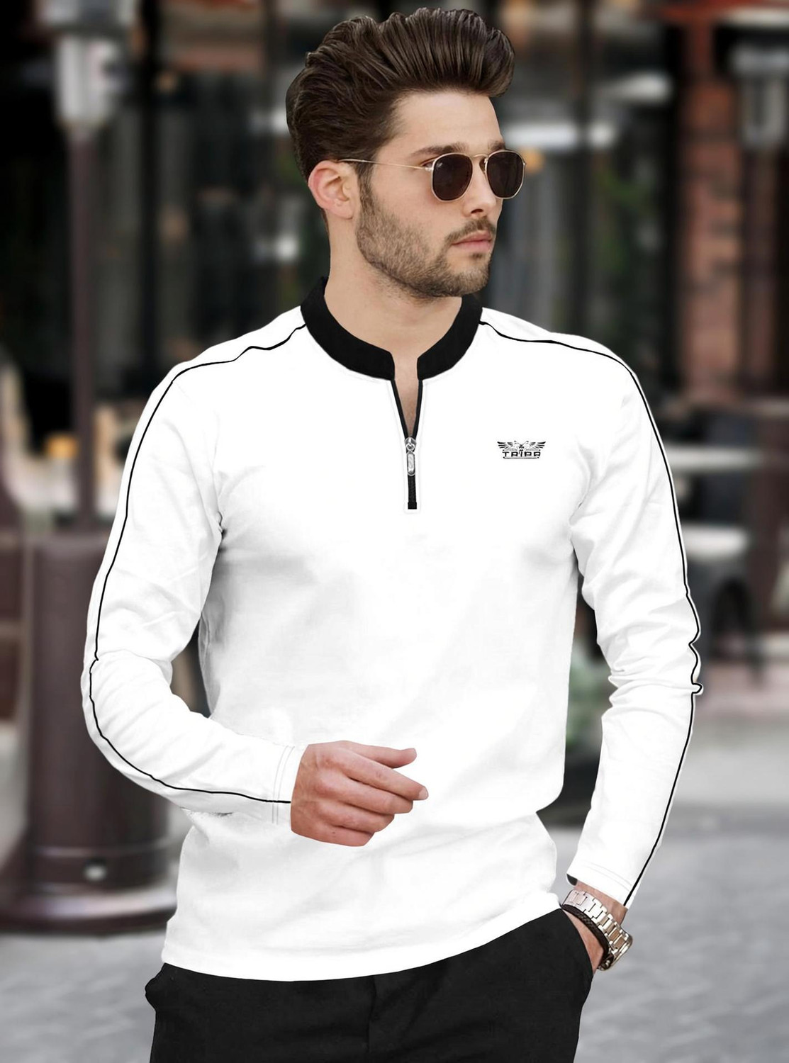 Image of TRIPR Men Solid Mandarin Collar Cotton Blend White T-Shirt