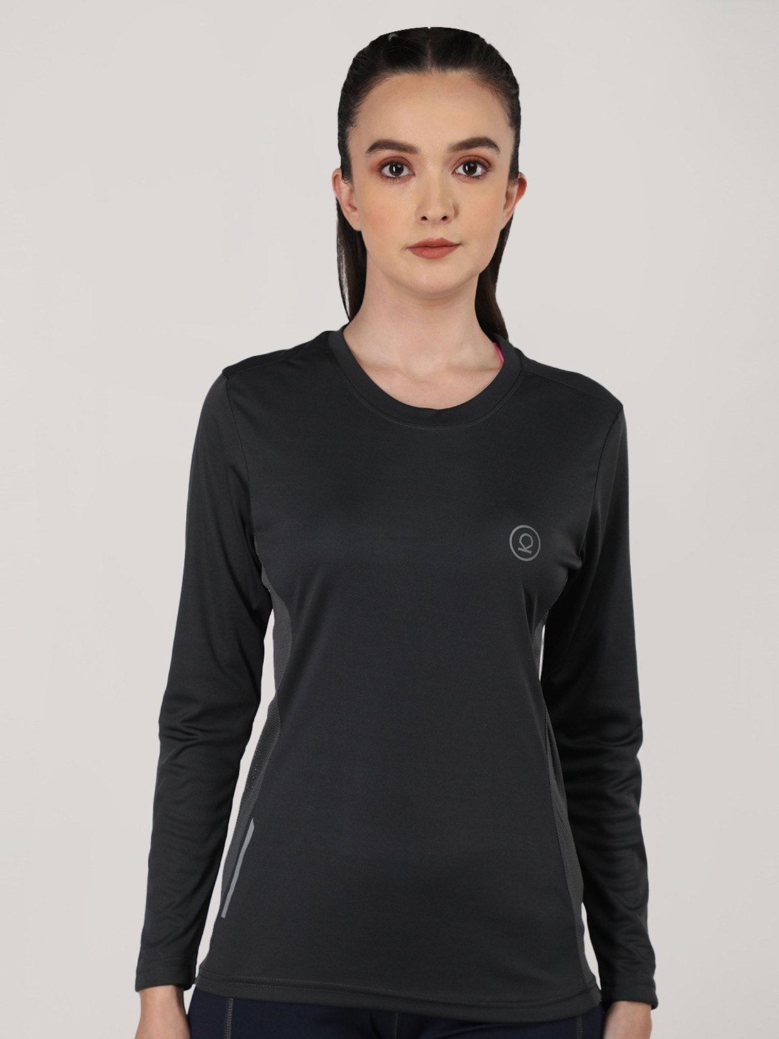 Image of CHKOKKO Women Solid Round Neck Polyester Grey T-Shirt