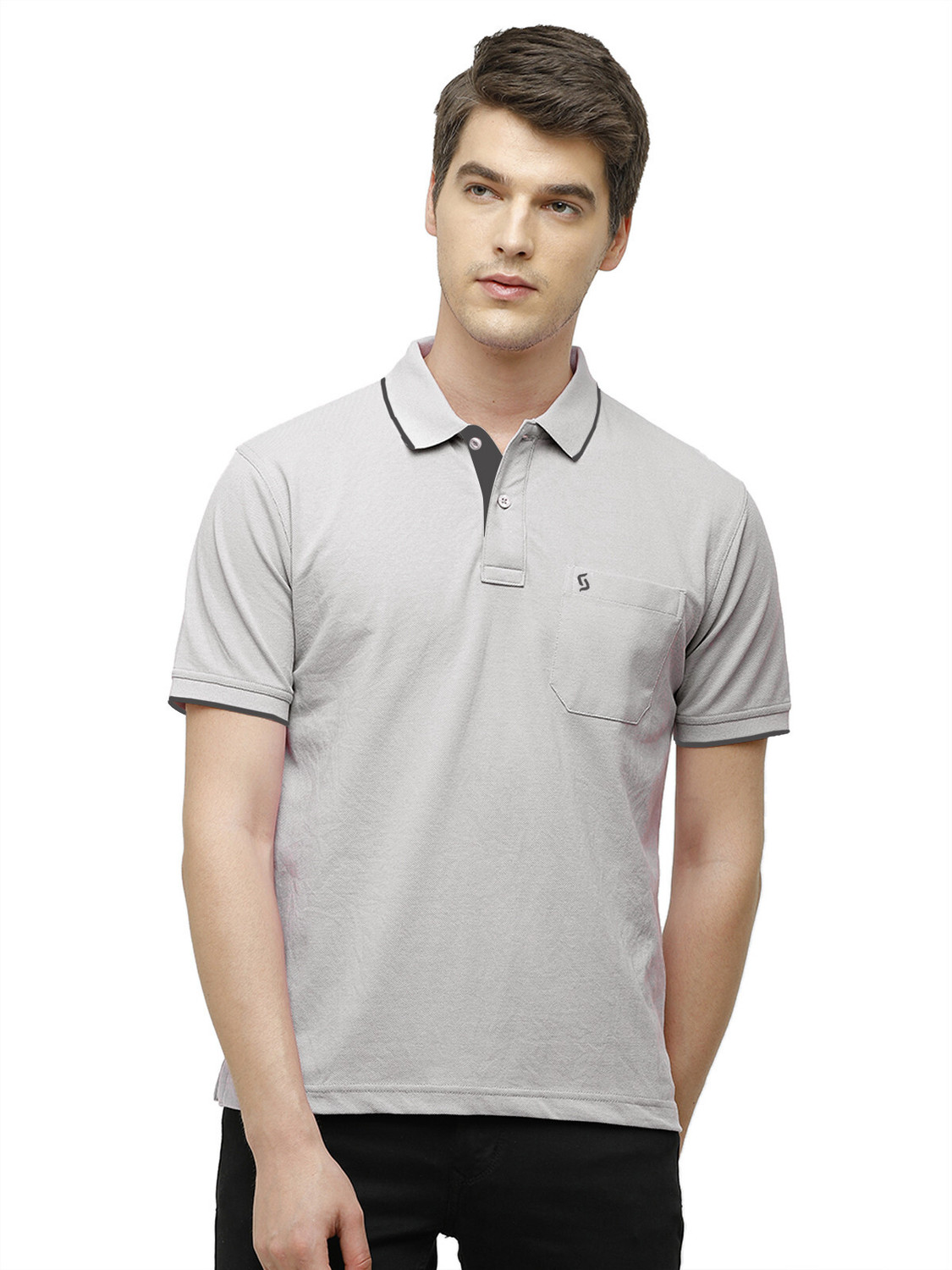 Image of Classic Polo Men Solid Polo Neck Cotton Blend Grey T-Shirt