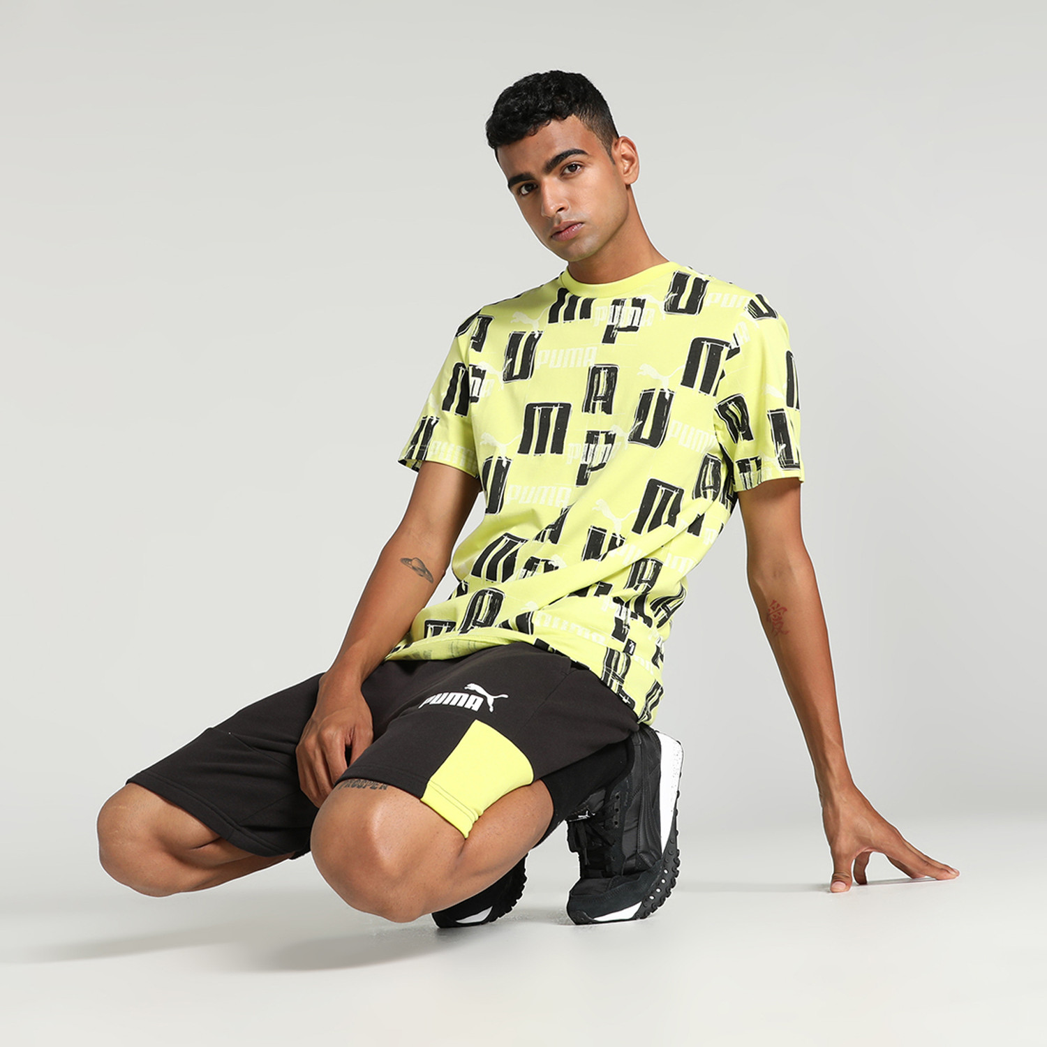 Image of PUMA Men Printed Crew Neck Pure Cotton Green T-Shirt
