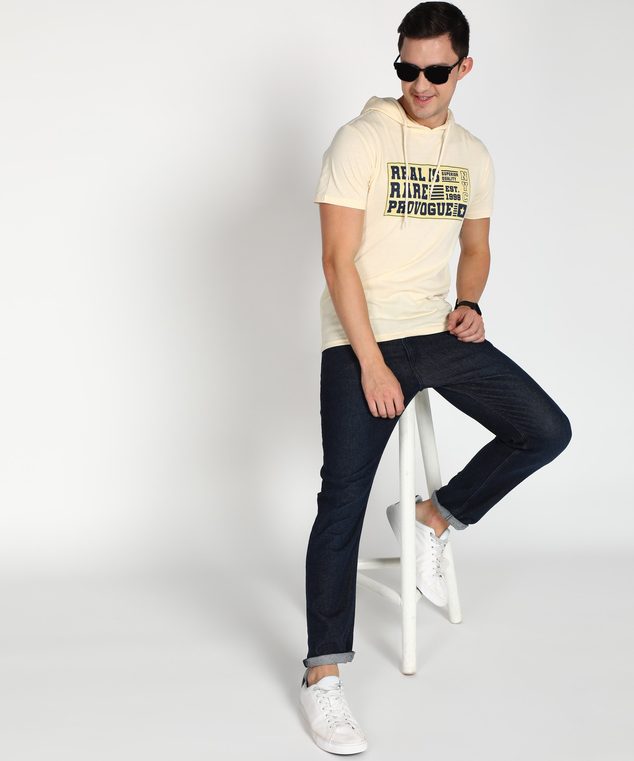 Image of PROVOGUE Printed Men Hooded Neck Beige T-Shirt