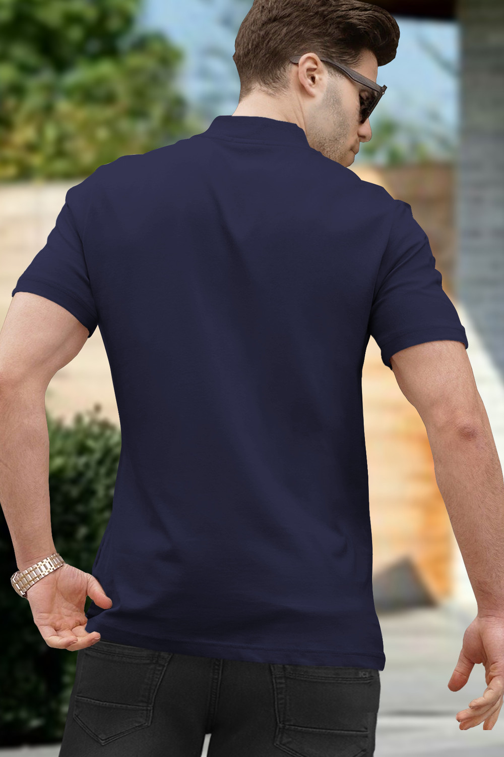 Image of TRIPR Men Solid Mandarin Collar Cotton Blend Navy Blue T-Shirt