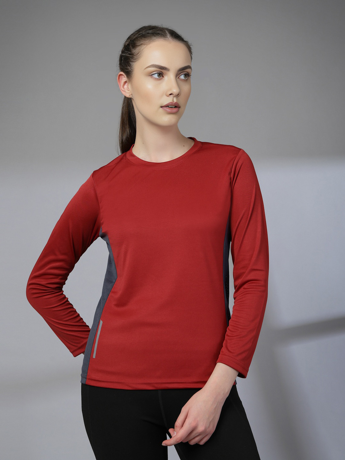 Image of CHKOKKO Women Solid Round Neck Polyester Grey T-Shirt