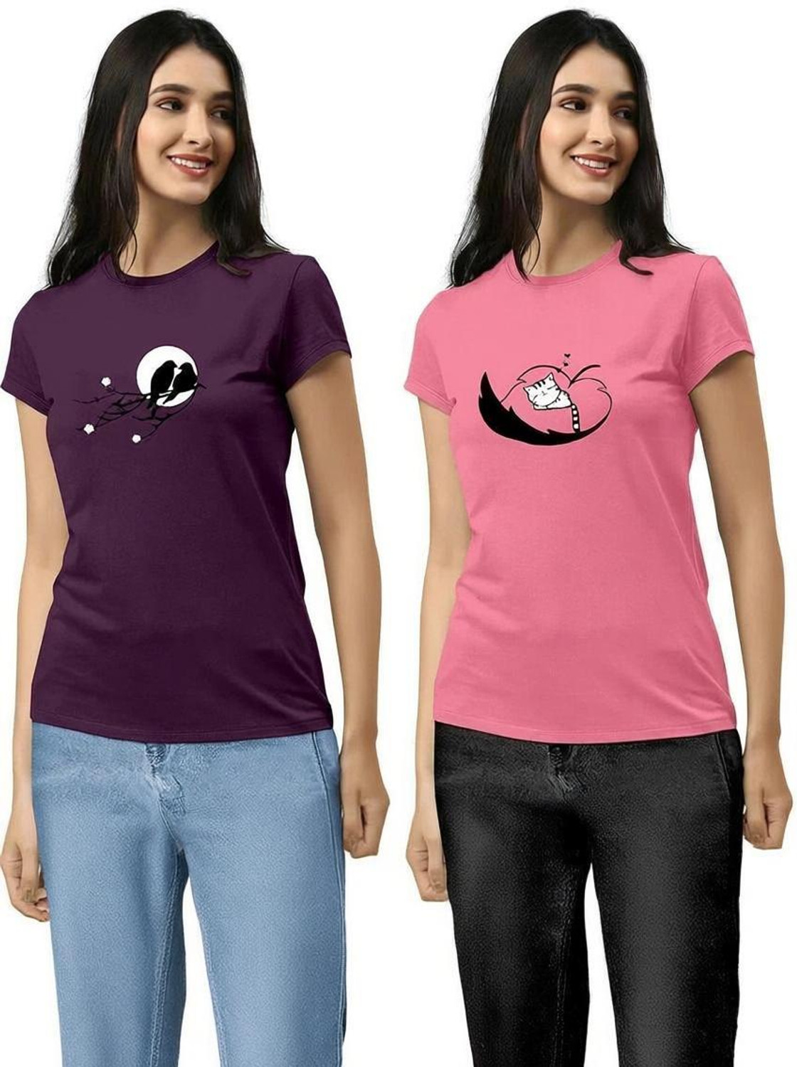 Image of ZentWorld Pack of 3 Women Printed Round Neck Cotton Blend Multicolor T-Shirt