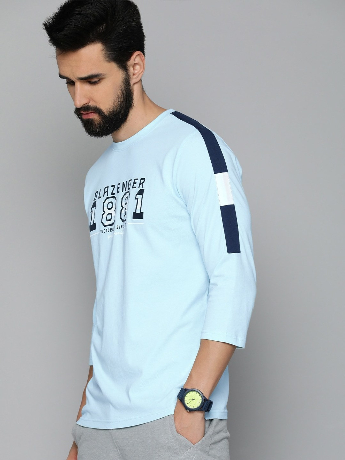 Image of SLAZENGER Sporty Men Round Neck Light Blue T-Shirt