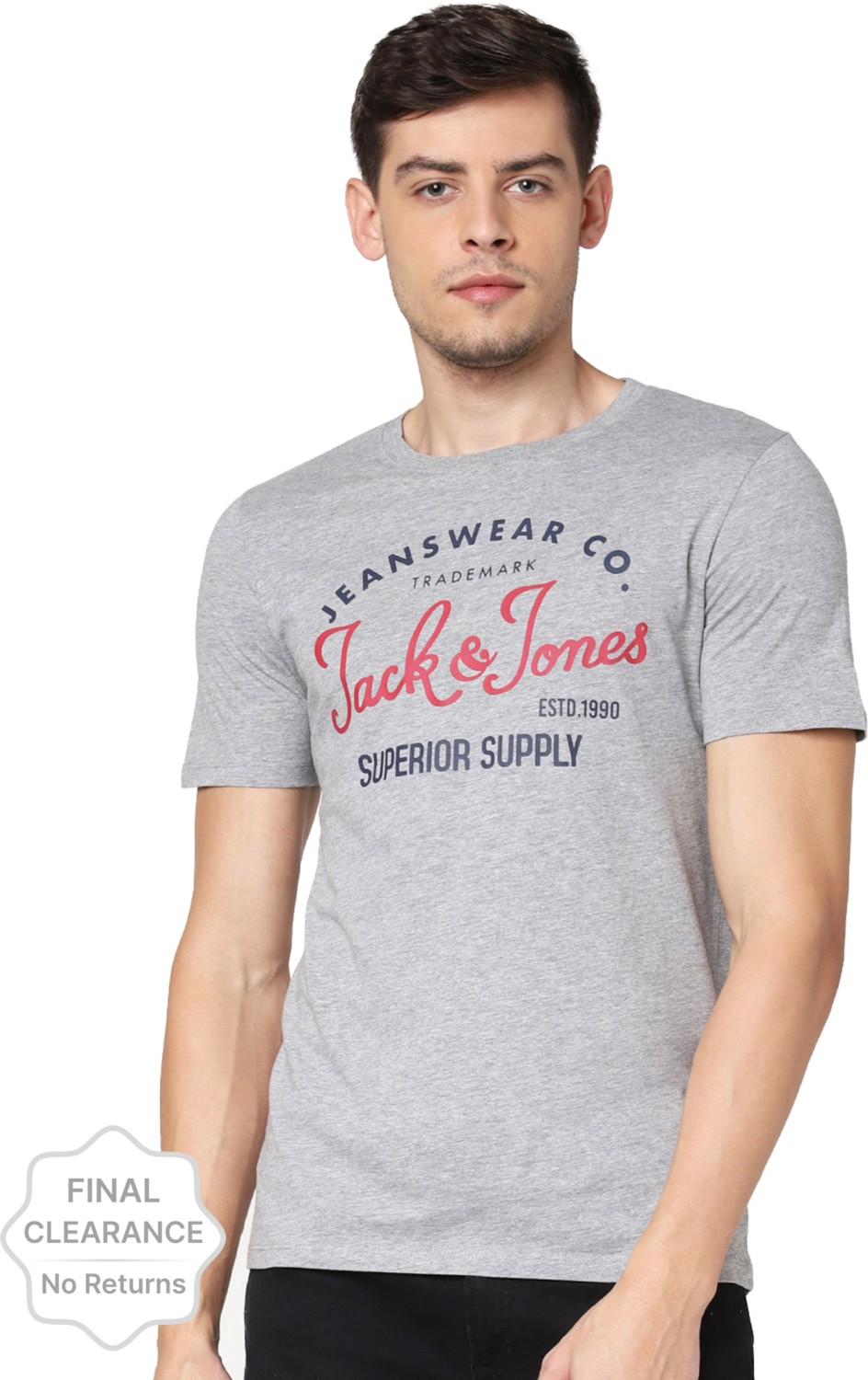 ulv frugtbart Pump JACK & JONES Typography Men Round Neck Grey T-Shirt | Price History
