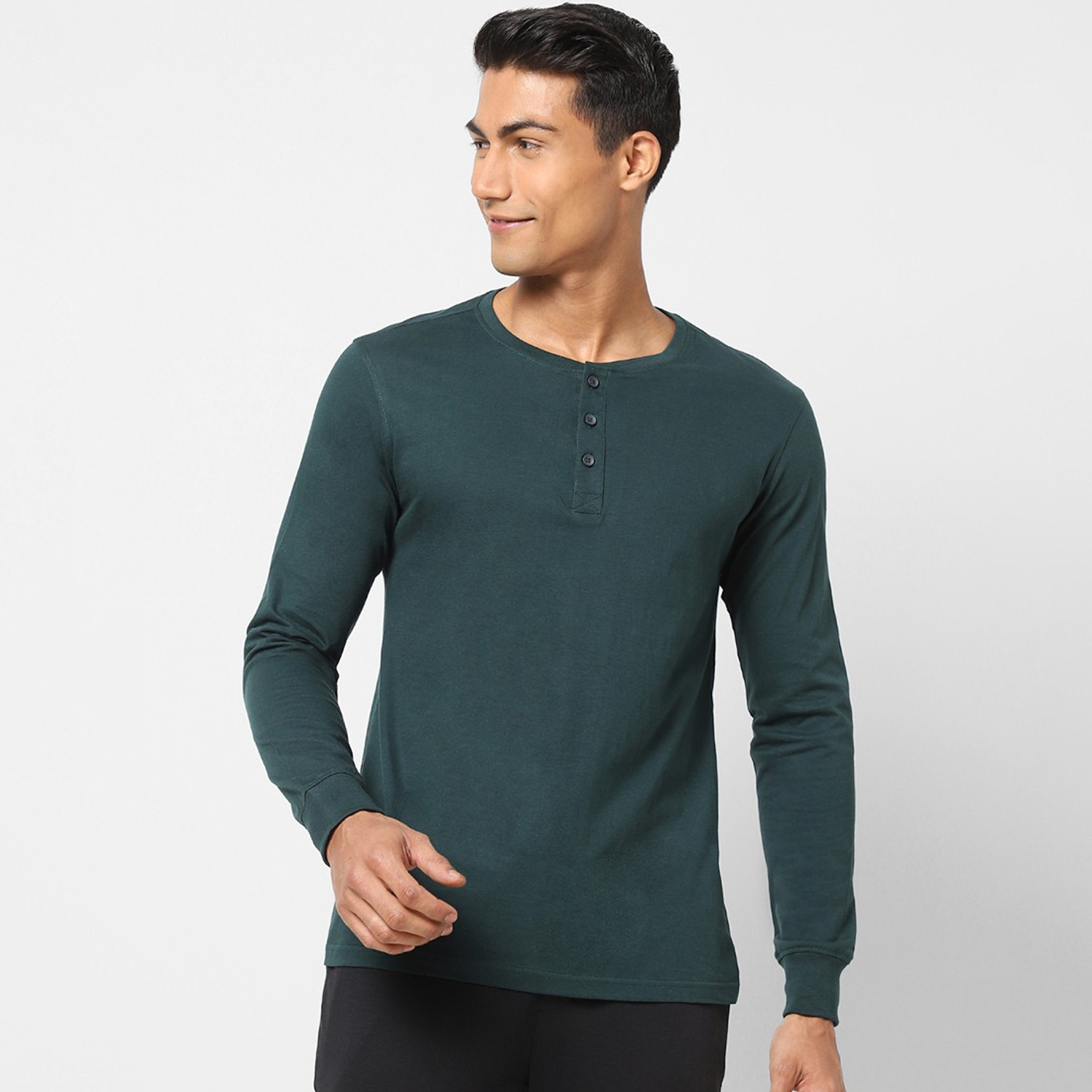 Image of Ajile By Pantaloons Solid Men Henley Neck Green T-Shirt