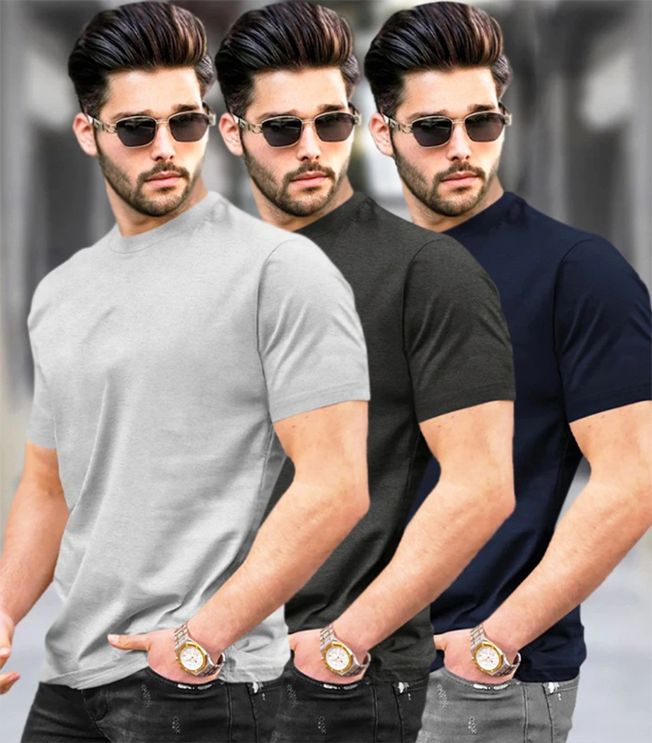 Image of TRIPR Men Solid Mandarin Collar Cotton Blend Dark Green T-Shirt